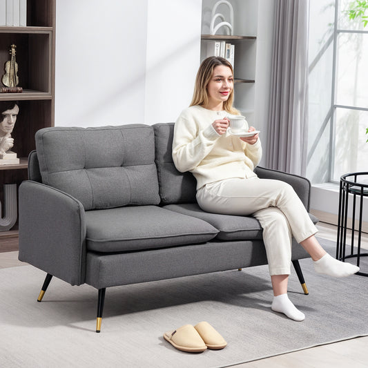 55" Button-Tufted Linen Loveseat with Steel Legs