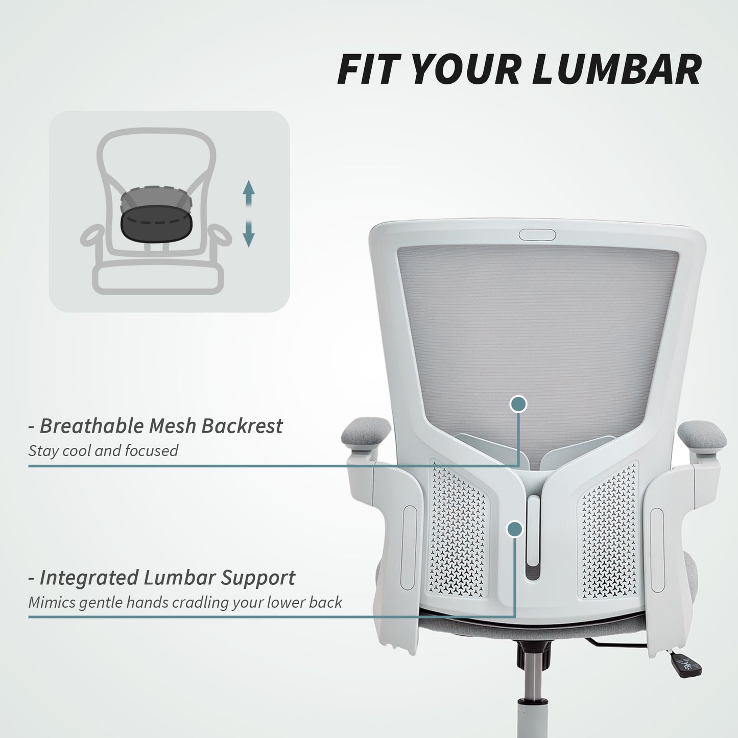 Ergonomic Swivel Office Chair with Adjustable Lumbar Support, Flip-Up Armrests, Wheels