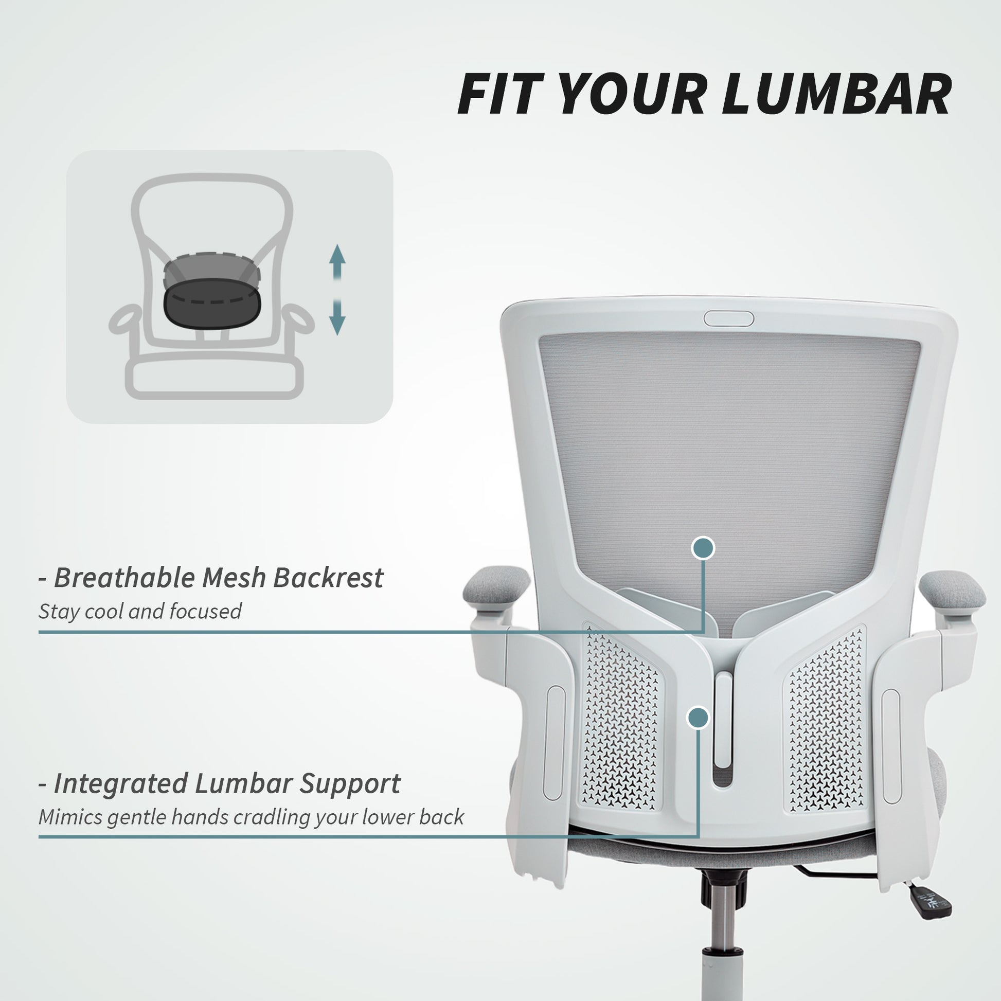 Ergonomic Swivel Office Chair with Adjustable Lumbar Support, Flip-Up Armrests, Wheels