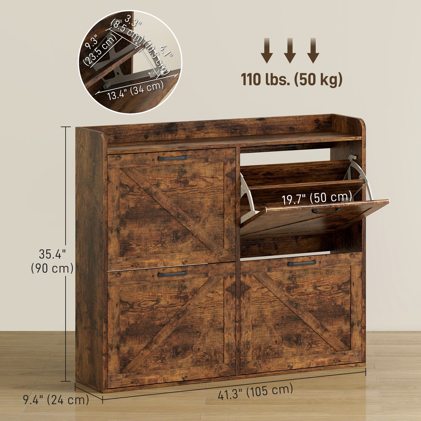 Slim Farmhouse Shoe Cabinet with 4 Flip Drawers, Adjustable Shelves for 16 Pairs