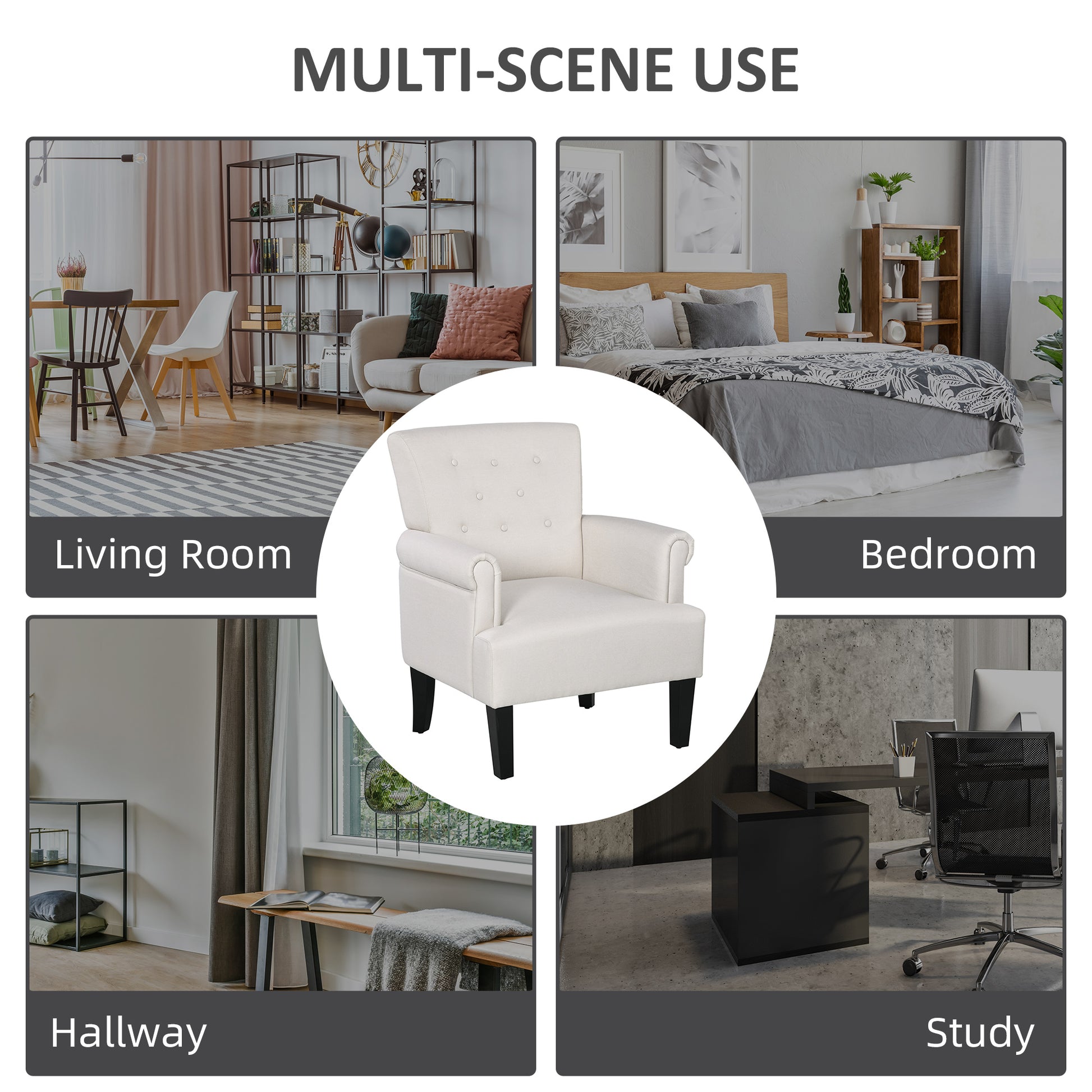 HOMCOM Elegant Cream Fabric Accent Armchair with Rolled Arms Wood Legs