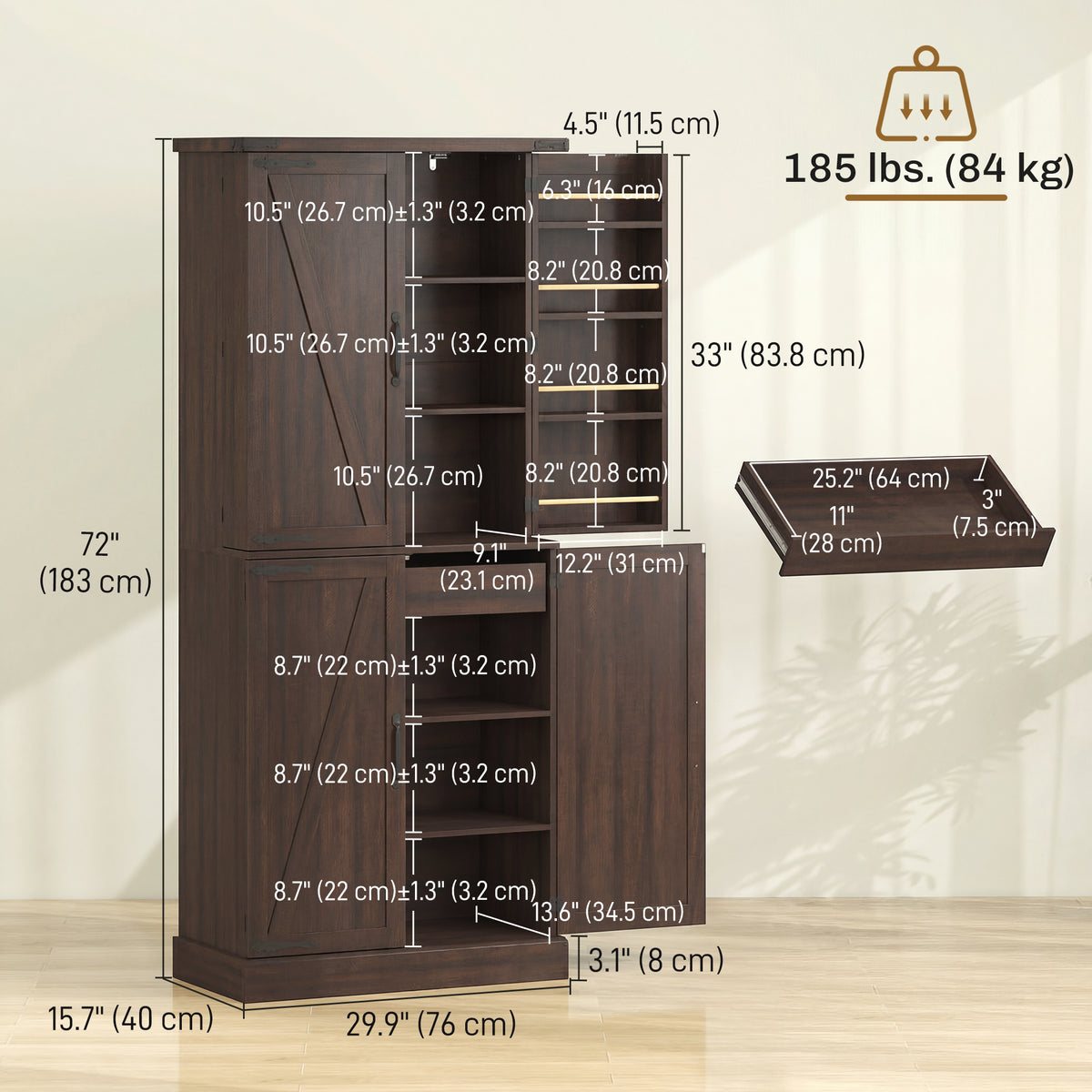 Farmhouse Storage Cabinet with 8 Door Racks and Adjustable Shelves – 30"W x 72"H