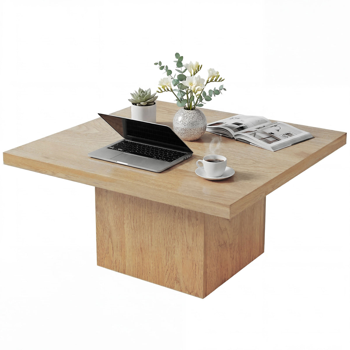31.5" Square Coffee Table with 1.6" Thick Top, Natural Wood