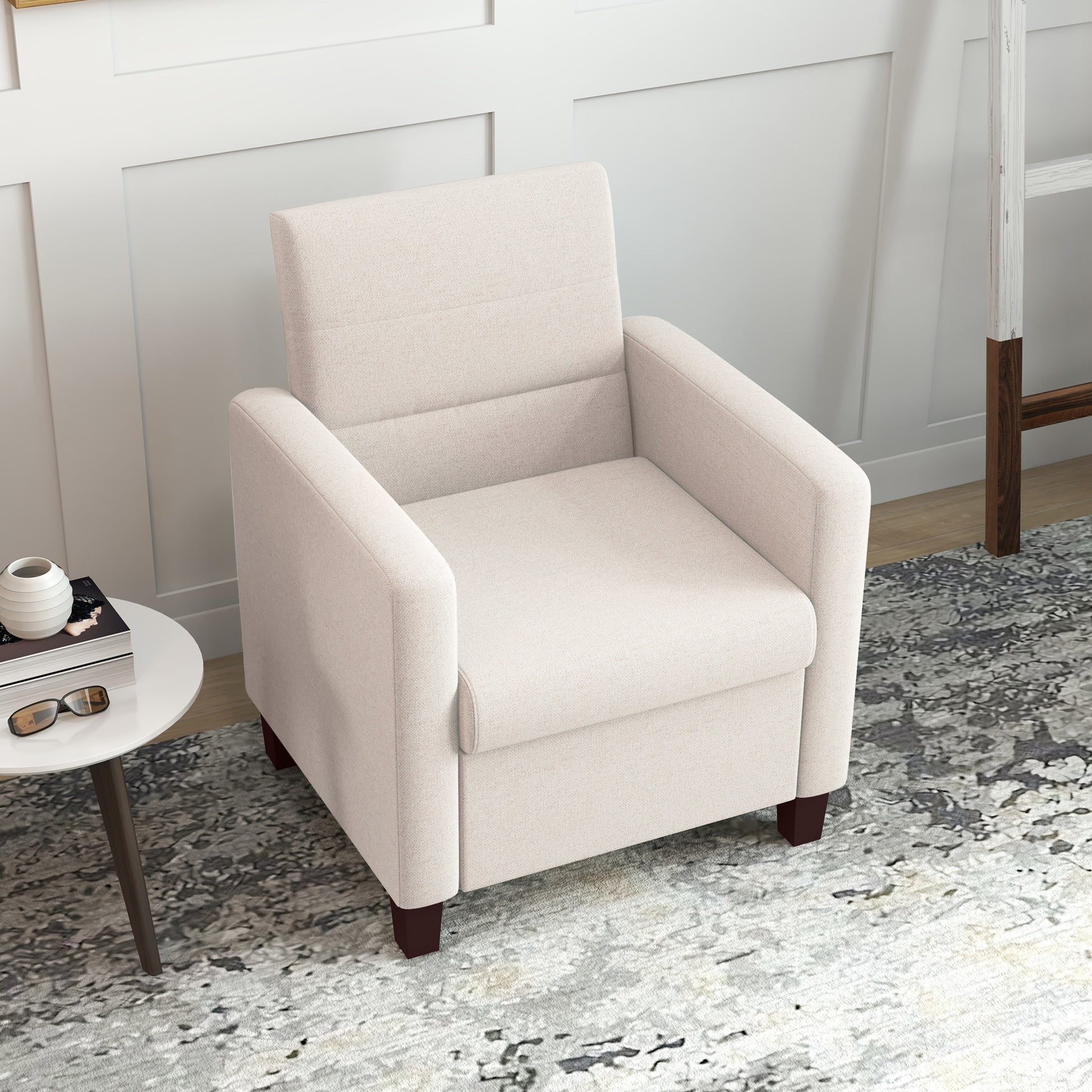 Modern Cream White Fabric Accent Armchair with Supportive Cushion & Non-Slip Pads