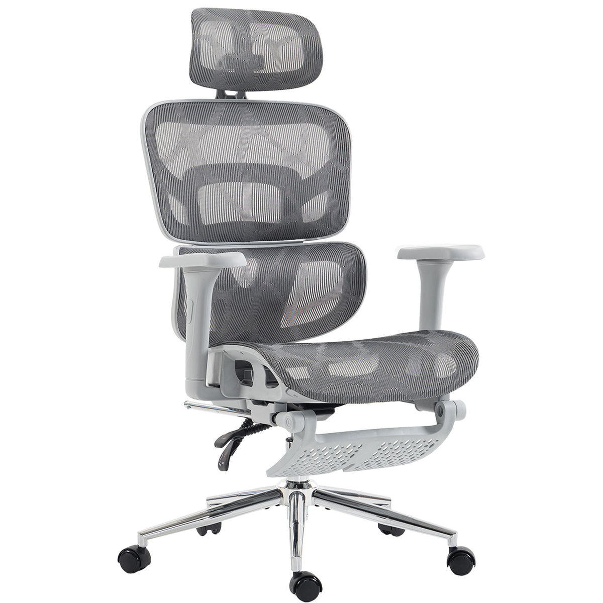 Ergonomic Office Chair with Lumbar Support, 2D Headrest, Mesh Reclining Desk Chair with Footrest, Grey