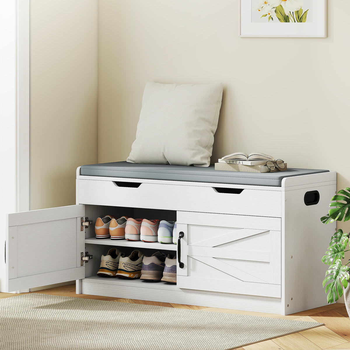 Entryway Shoe Storage Bench with 2-Tier Cabinet – 39"W x 20"H