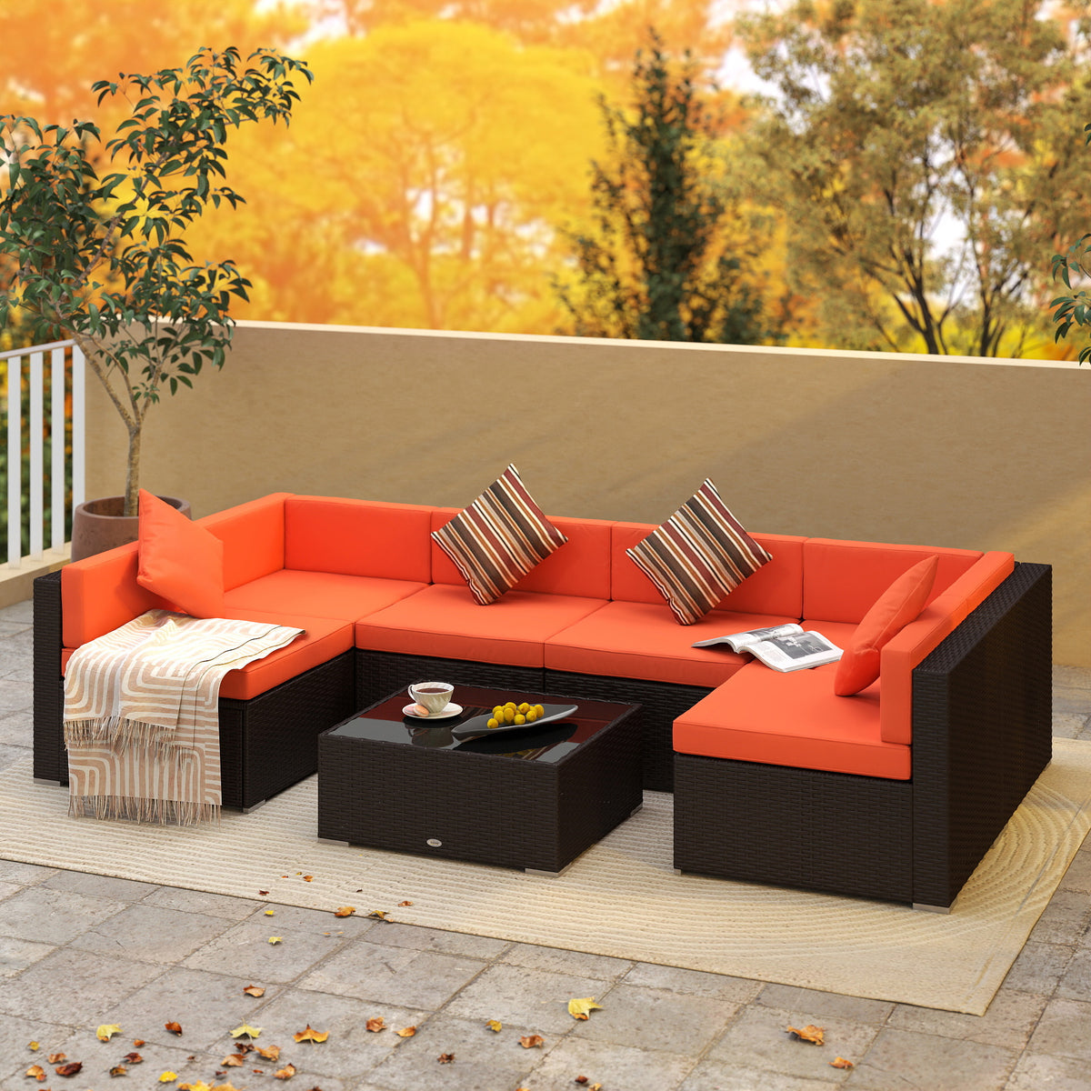 7 Pieces Outdoor Rattan Furniture Set, Patio Wicker Sectional Conversation Sofa Set – Orange