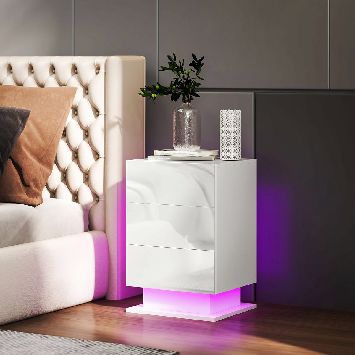 LED Nightstand with 3 Drawers and App Control – 16"W x 24"H