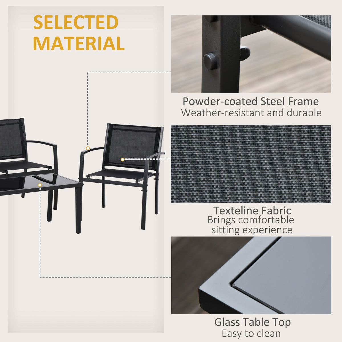 4-Piece Patio Furniture Set with Glass Top Coffee Table, Breathable Mesh Seat & Backrest for Garden, Balcony