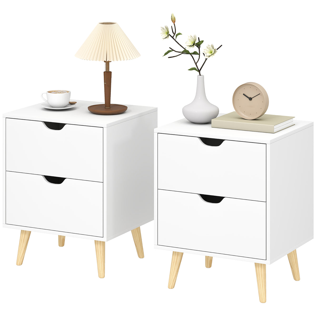 2-Drawer Nightstands with Pine Wood Legs, Set of 2 – 16"W x 20"H