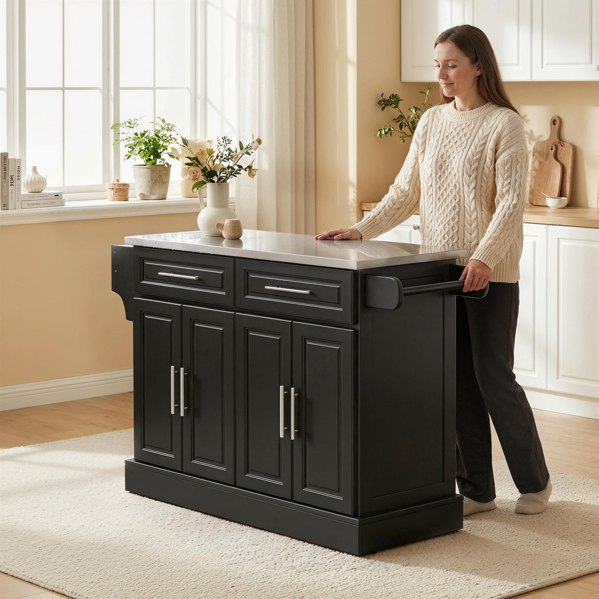Rolling Kitchen Island with Stainless Steel Top – 57"W x 37"H