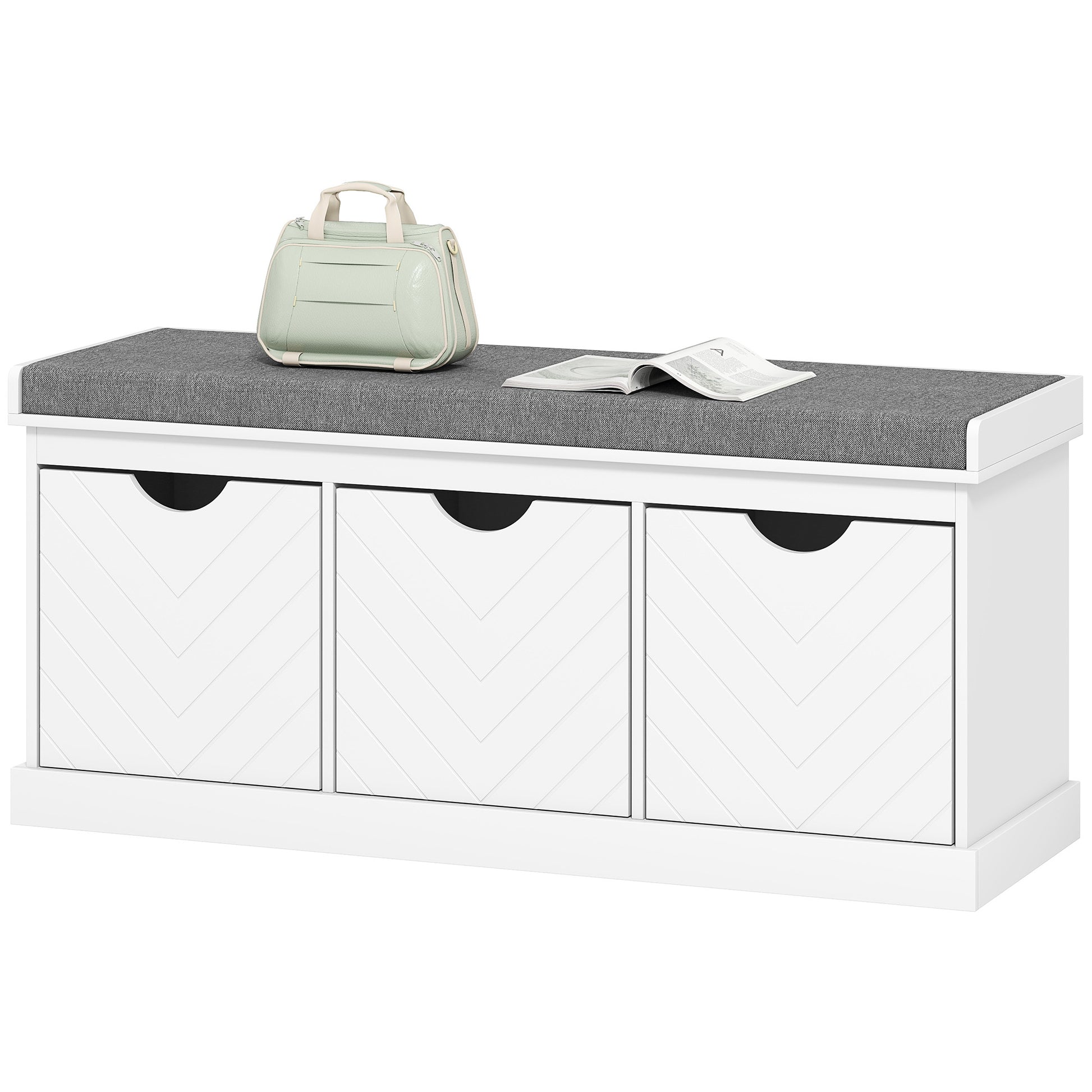 HOMCOM Entryway Shoe Storage Bench with Padded Seat, 3 Removable Drawers, Linen-Look Fabric, White