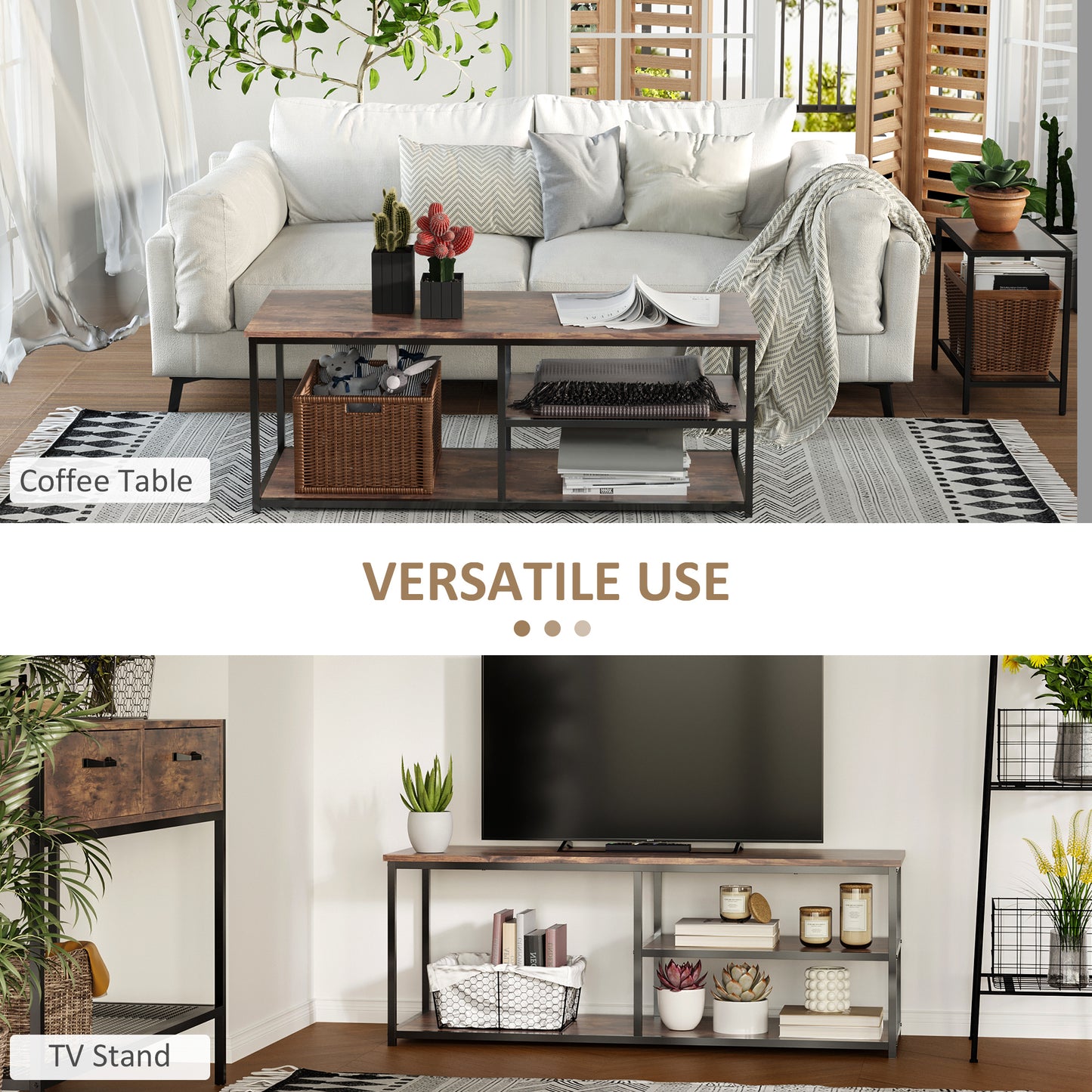 HOMCOM Industrial Rustic Brown TV Stand with Storage Shelves Metal Frame