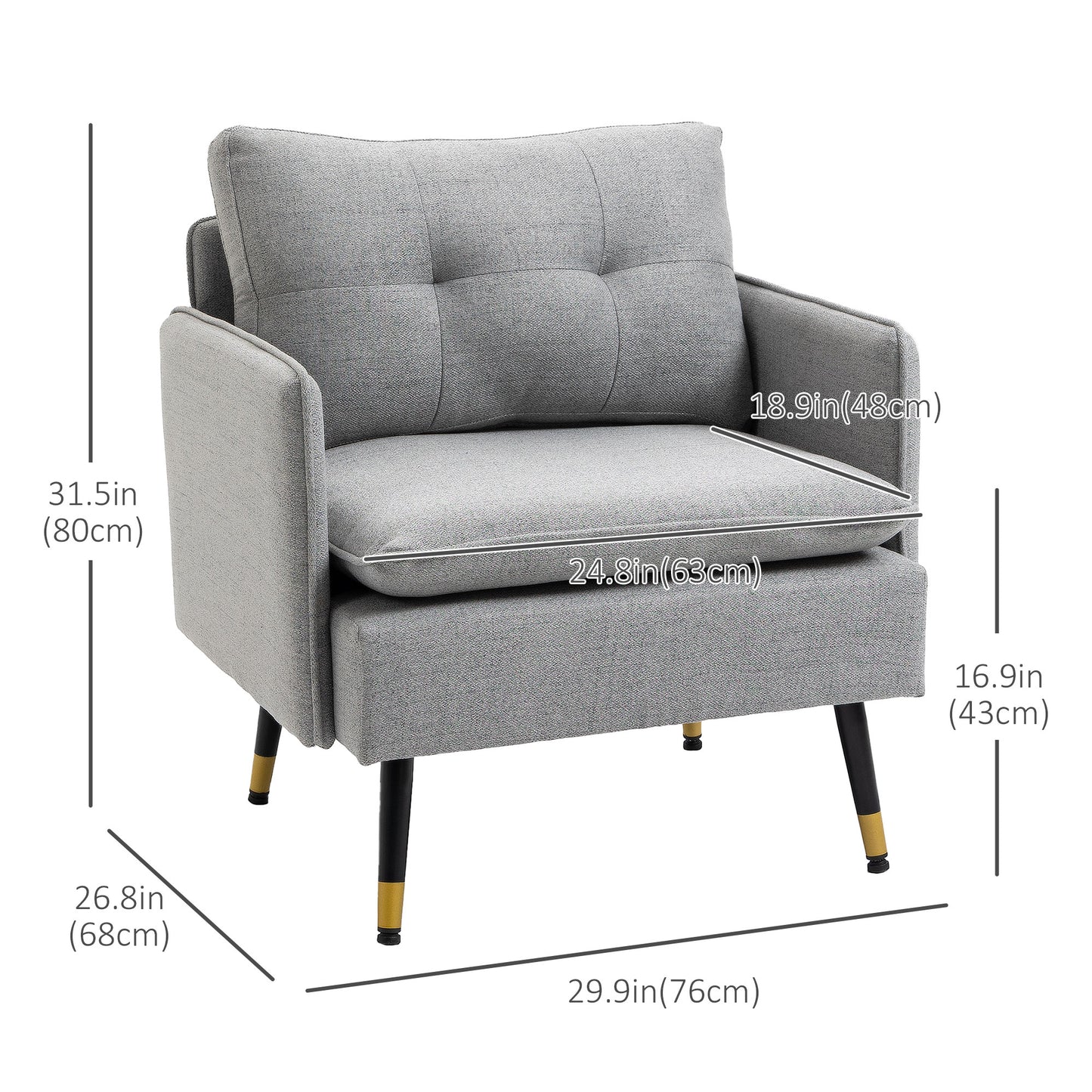HOMCOM Grey Upholstered Accent Chair, Button Tufted Fabric Armchair, Steel Legs