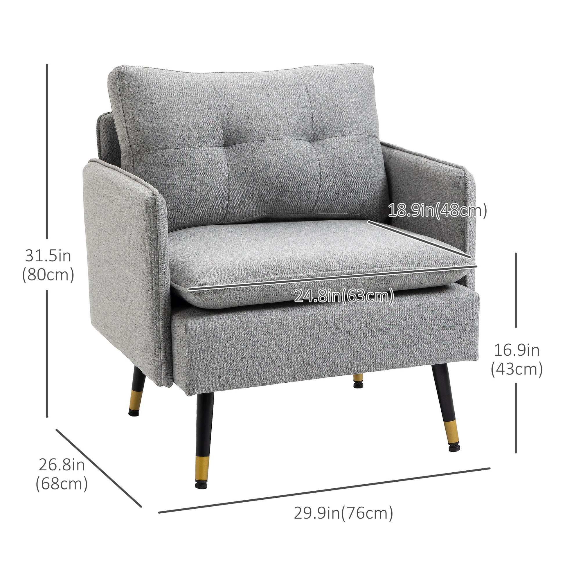 HOMCOM Grey Upholstered Accent Chair, Button Tufted Fabric Armchair, Steel Legs