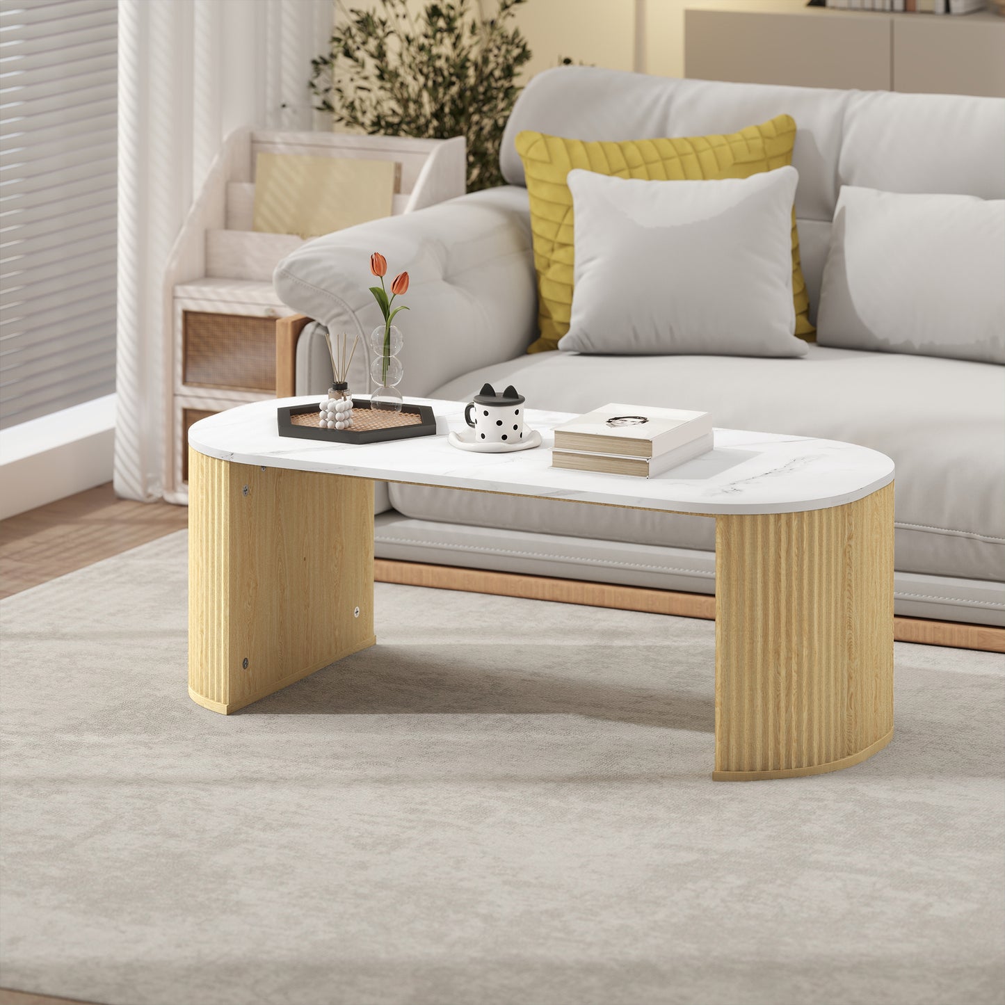 Modern Marble-Effect Coffee Table with Rounded Corners and Natural Wood Legs