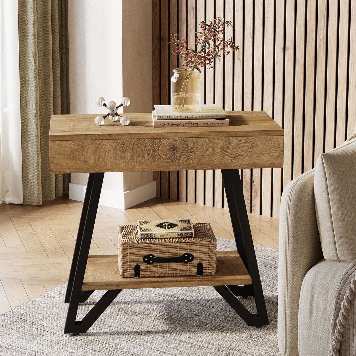 Narrow End Table,Couch Arm Side Table Nightstand with Storage Shelves