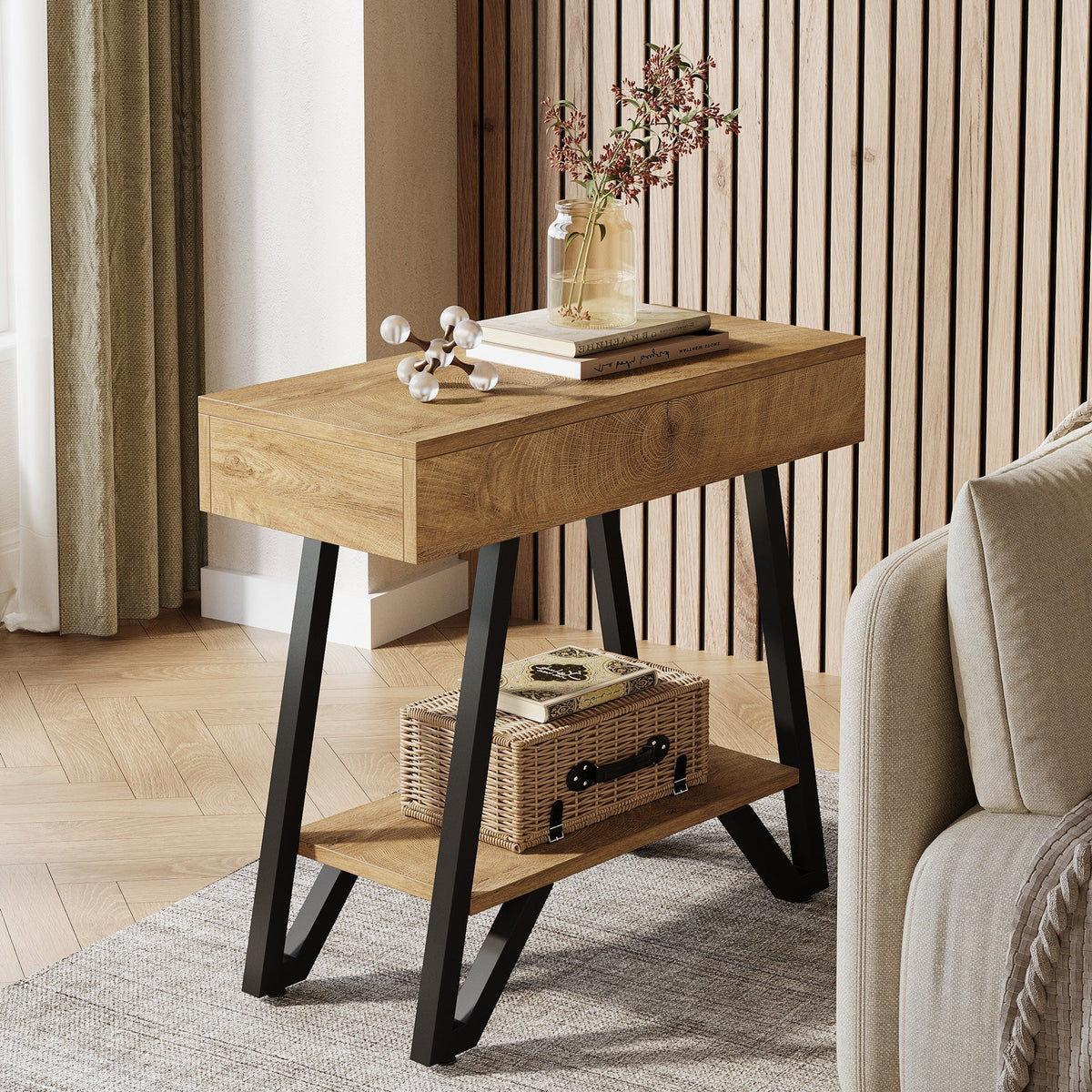 Narrow End Table,Couch Arm Side Table Nightstand with Storage Shelves