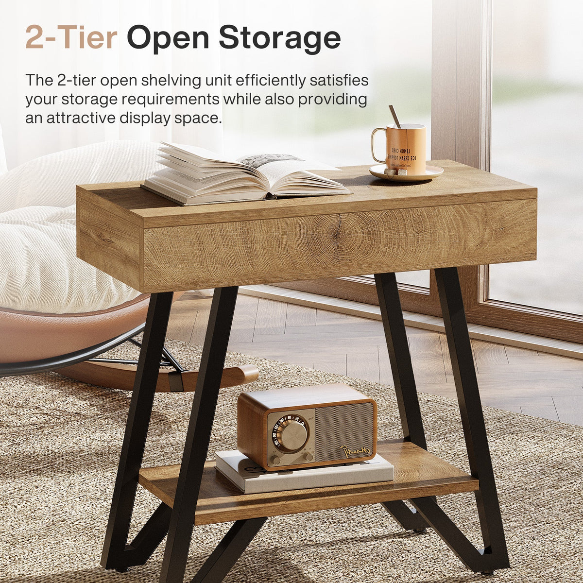 Narrow End Table,Couch Arm Side Table Nightstand with Storage Shelves