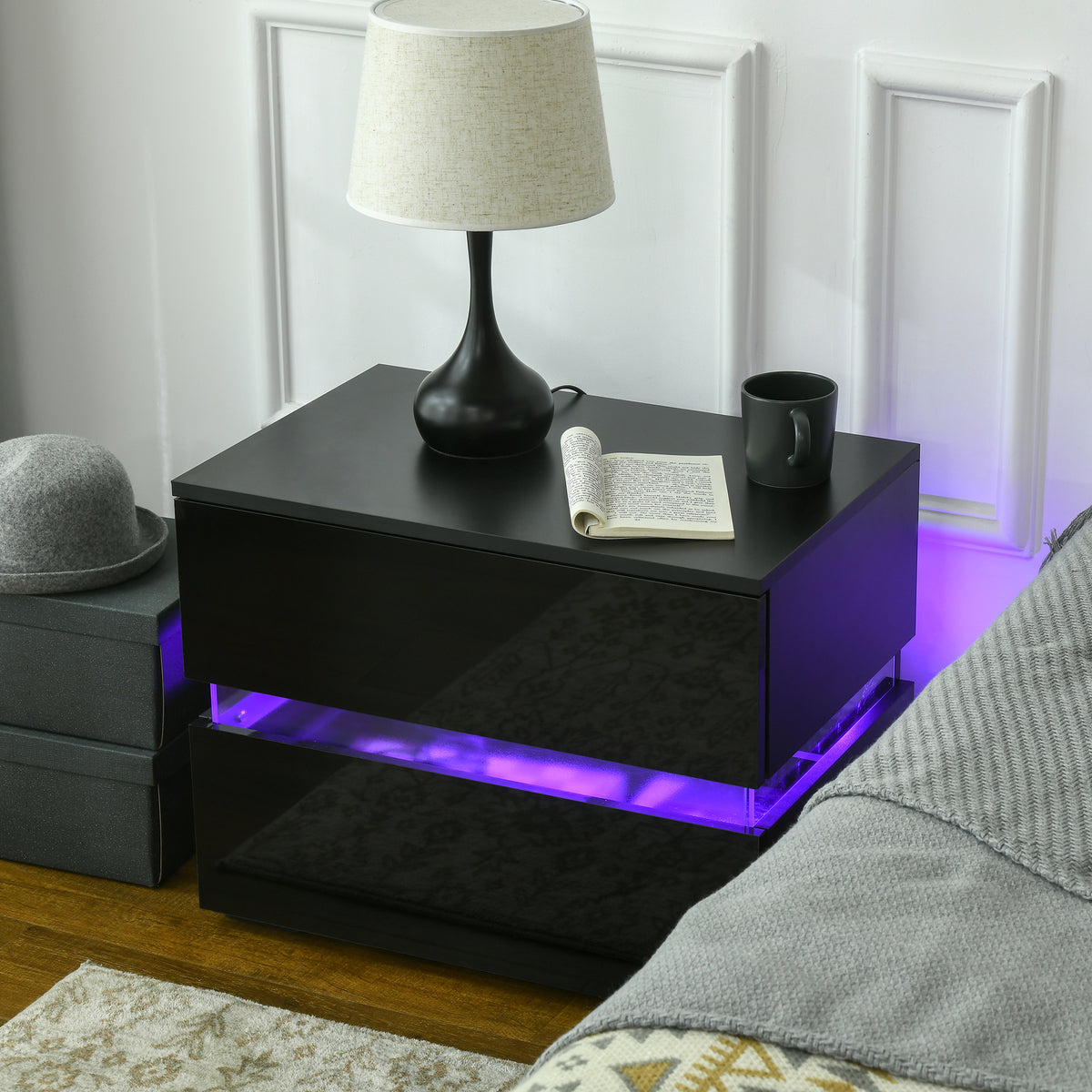 Nightstand with RGB LED Lights and 2 Drawers – 24"W x 19"H