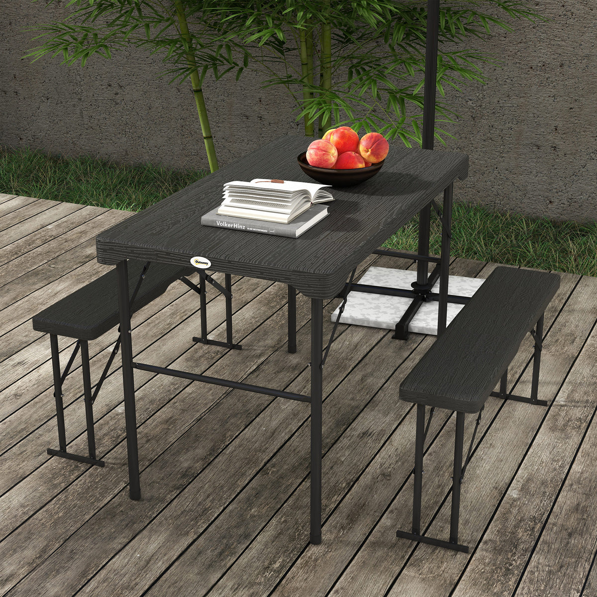 Folding Picnic Table with 2 Benches, 3-Piece Portable Outdoor Picnic Table Bench Set for 4, Patio Dining Table Set with Plastic Top, Steel Frame for Garden
