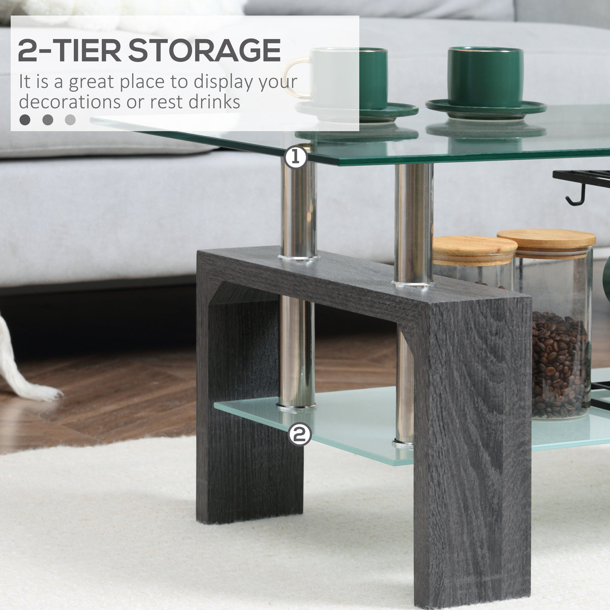 Rectangle Glass-Top Coffee Table with Storage Shelf, Grey