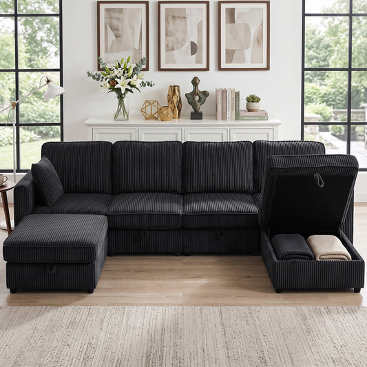 Corduroy U-Shaped Modular Sofa with Dual Storage Ottomans