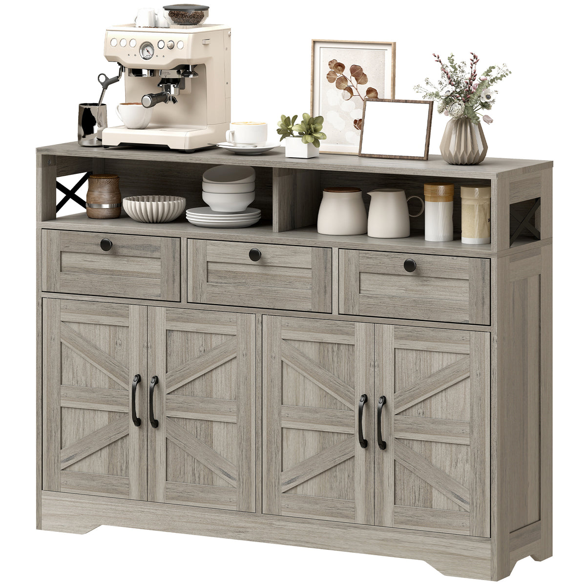 Buffet Cabinet with 4 Barn Doors and 3 Drawers – 47"W x 35"H