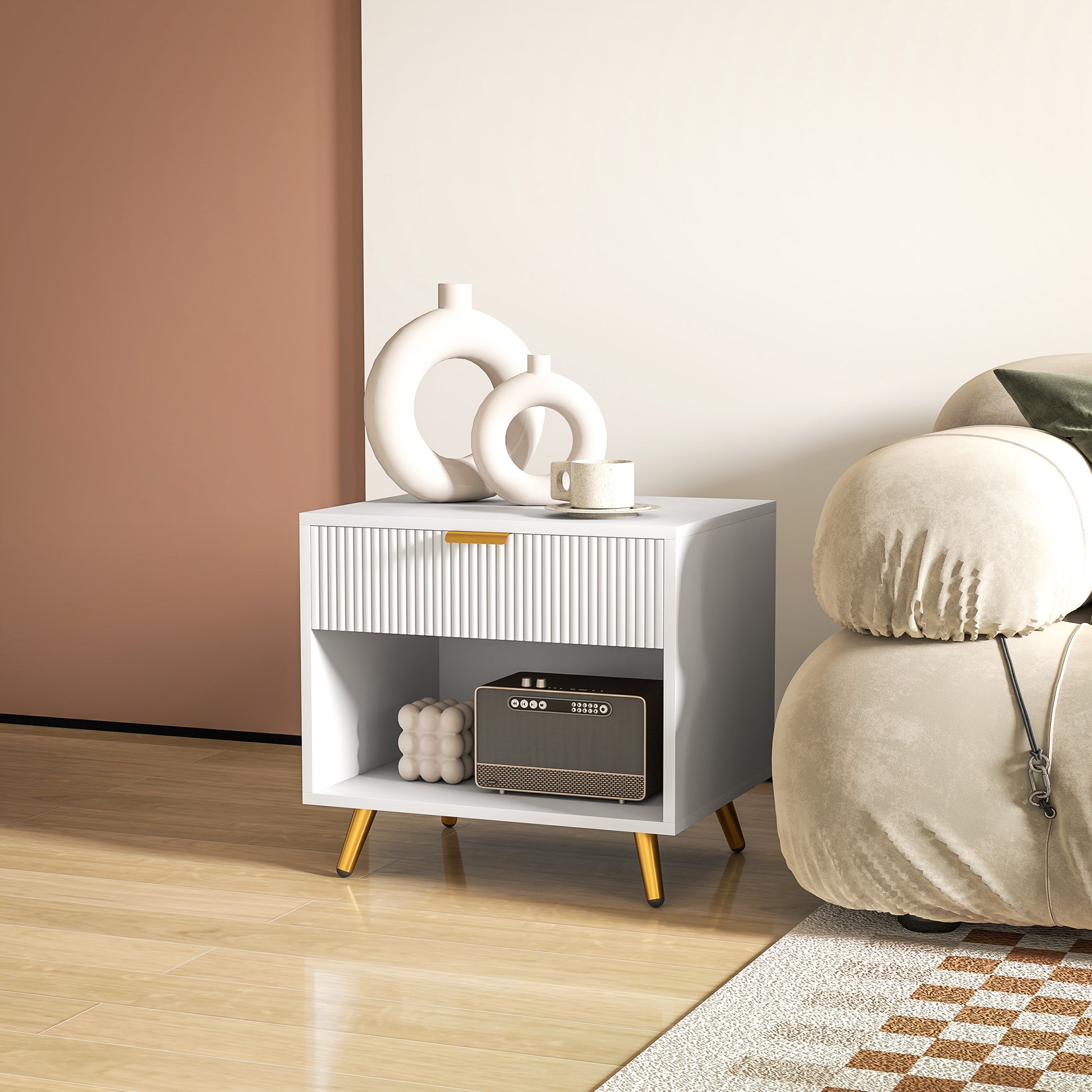 Modern White Fluted Panel Nightstand with Drawer, Open Storage, Gold Legs