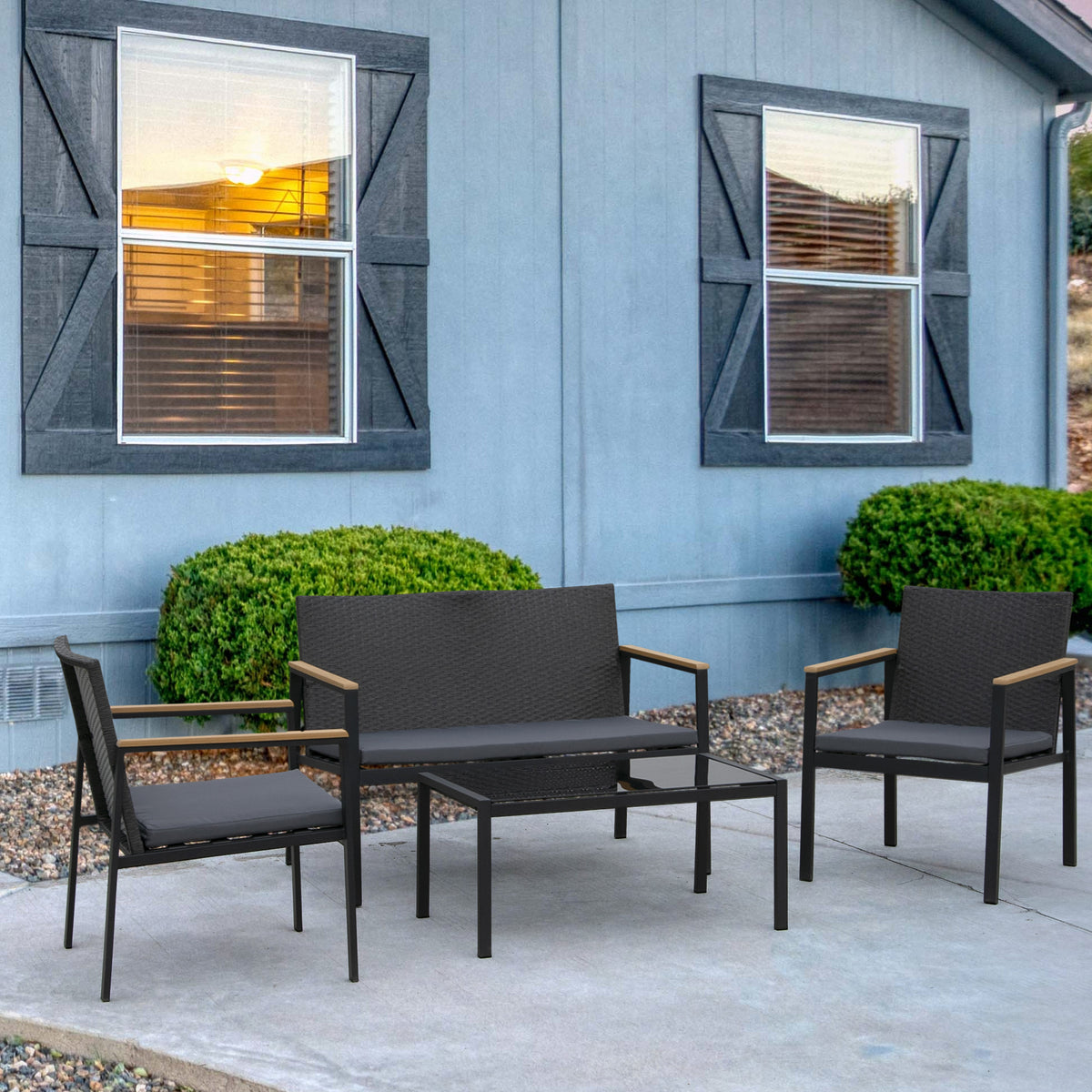 4 Pieces Wicker Patio Furniture Set with Cushions, Outdoor Rattan PE Rattan Conversation Set, Chairs and Loveseat with PS Board Armrests Decoration, Glass Top Table