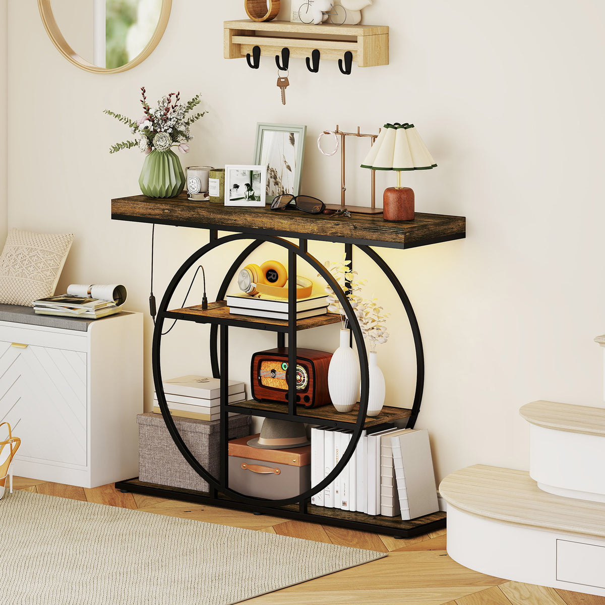 39" 4-Tier Console Table with Charging Station & LED Lights