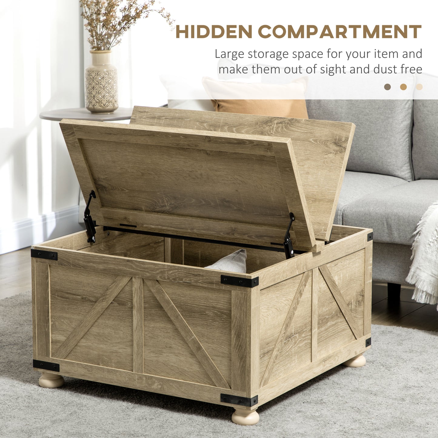 HOMCOM Farmhouse Square Coffee Table, Flip-Top Lids, Hidden Storage, Oak