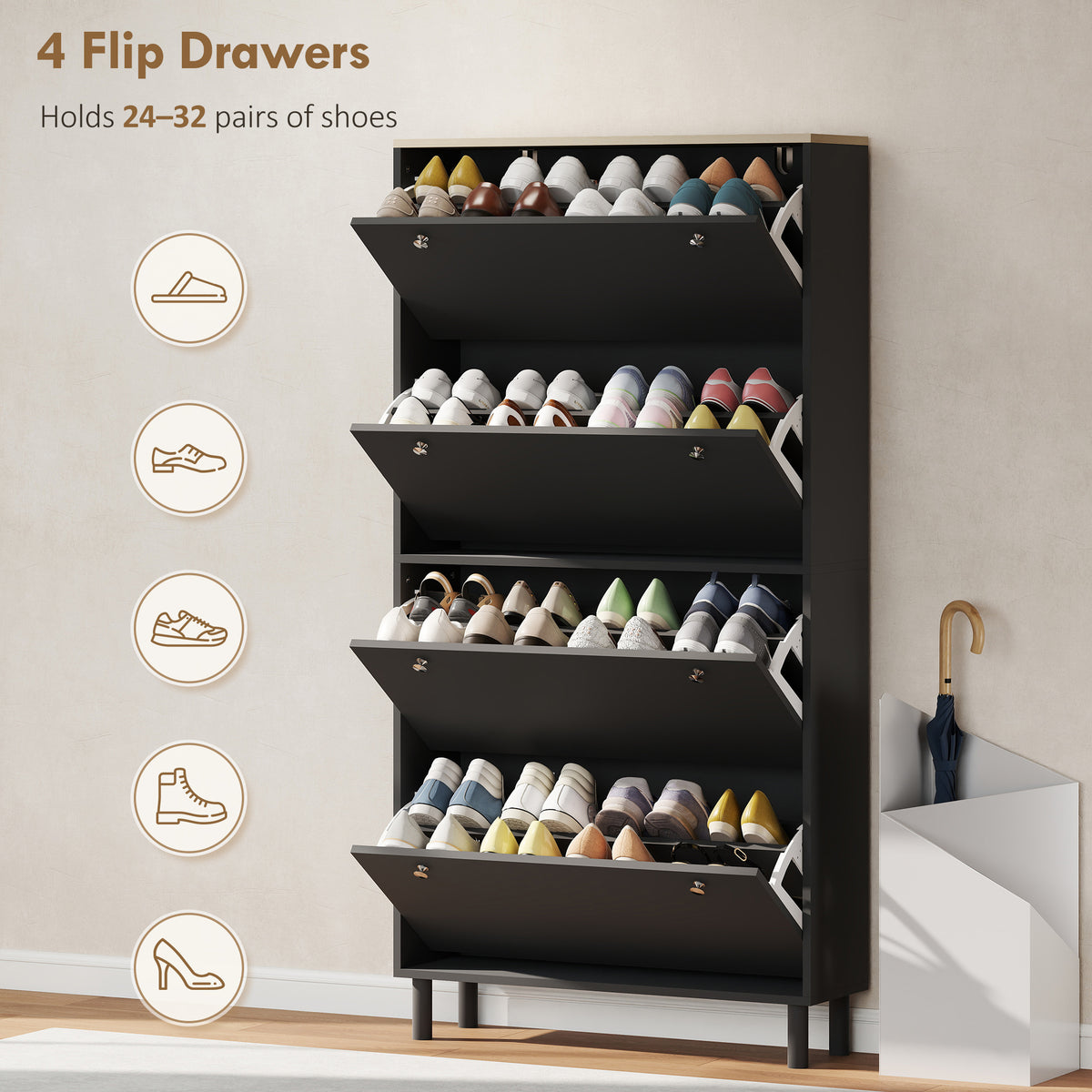 Narrow Shoe Cabinet with 4 Flip Drawers – 31"W x 62"H