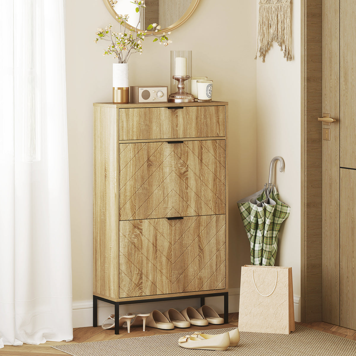 Narrow Shoe Storage Cabinet with Flip Drawers – 24"W x 42"H