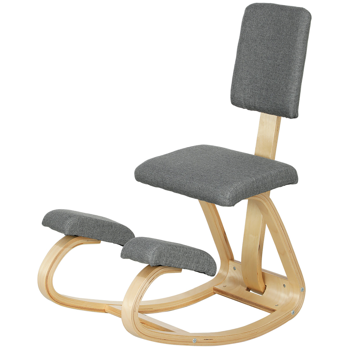 Ergonomic Kneeling Chair, Rocking Wood Kneel Stool with Backrest for Improved Posture, Grey