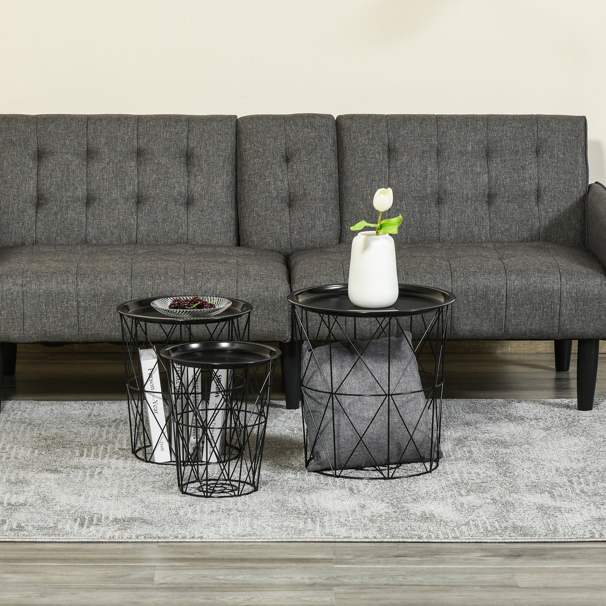 Round Nesting Coffee Tables Set of 3 with Basket Storage – Black