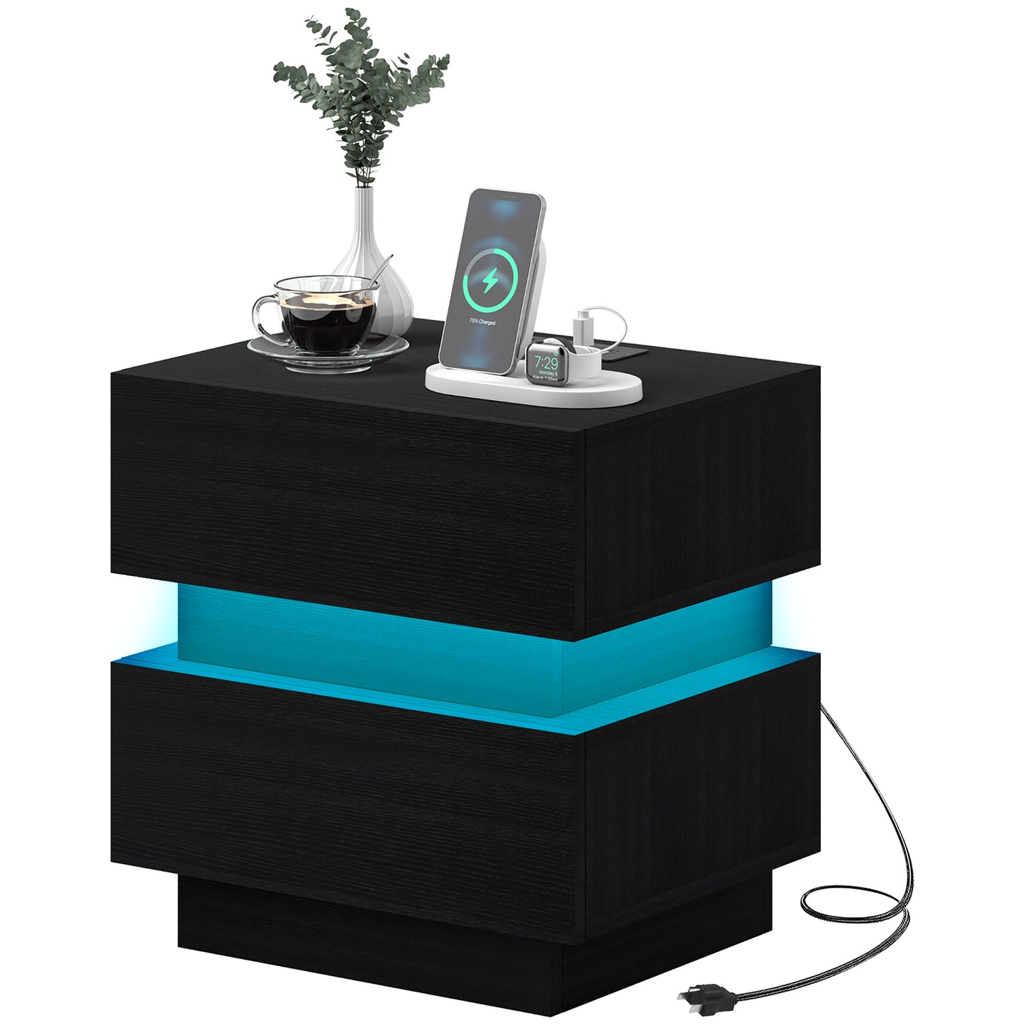HOMCOM Modern Black Nightstand: LED Light, Charging Station, USB Ports, AC Outlets