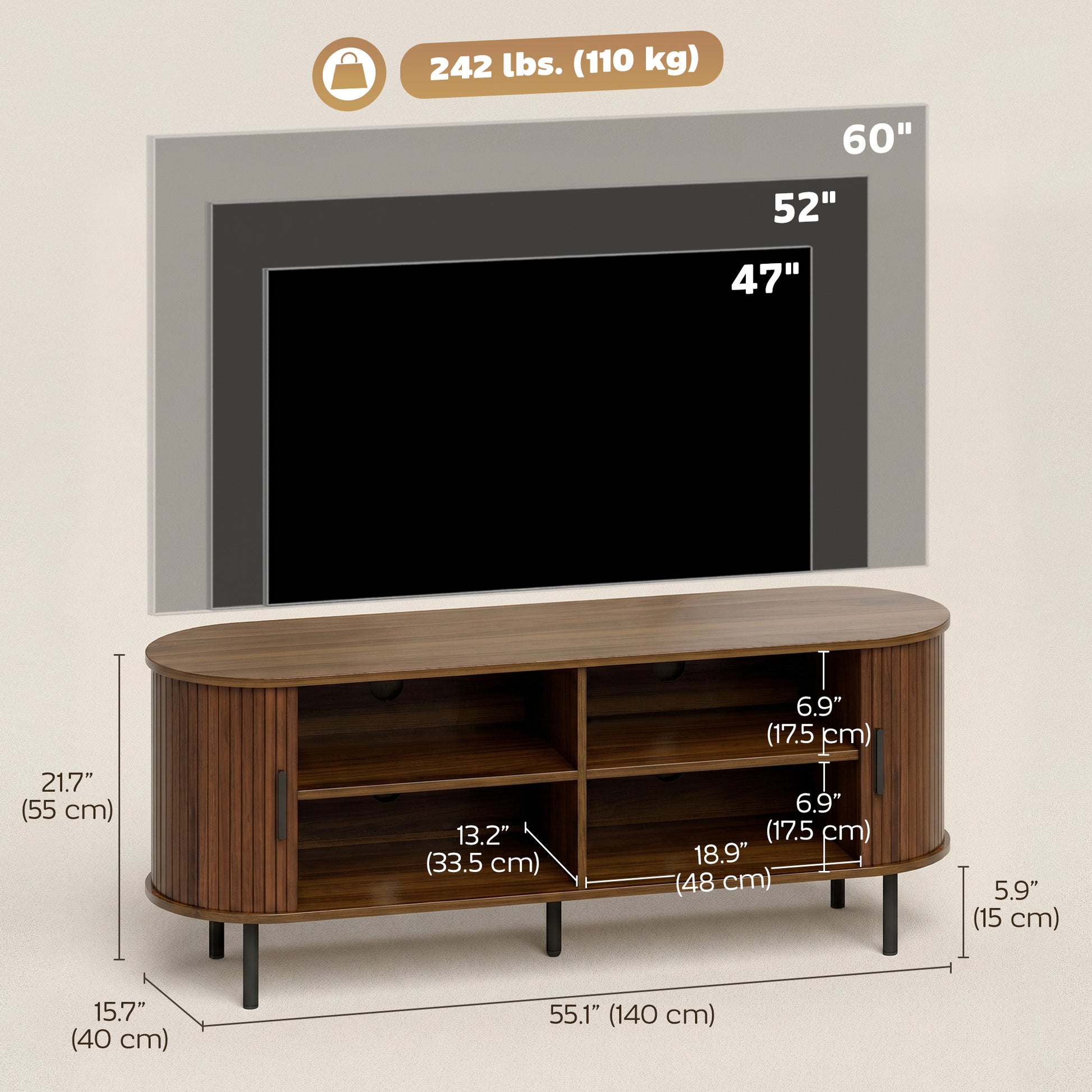 HOMCOM TV Stand Curved Sliding Doors Walnut Brown 60"