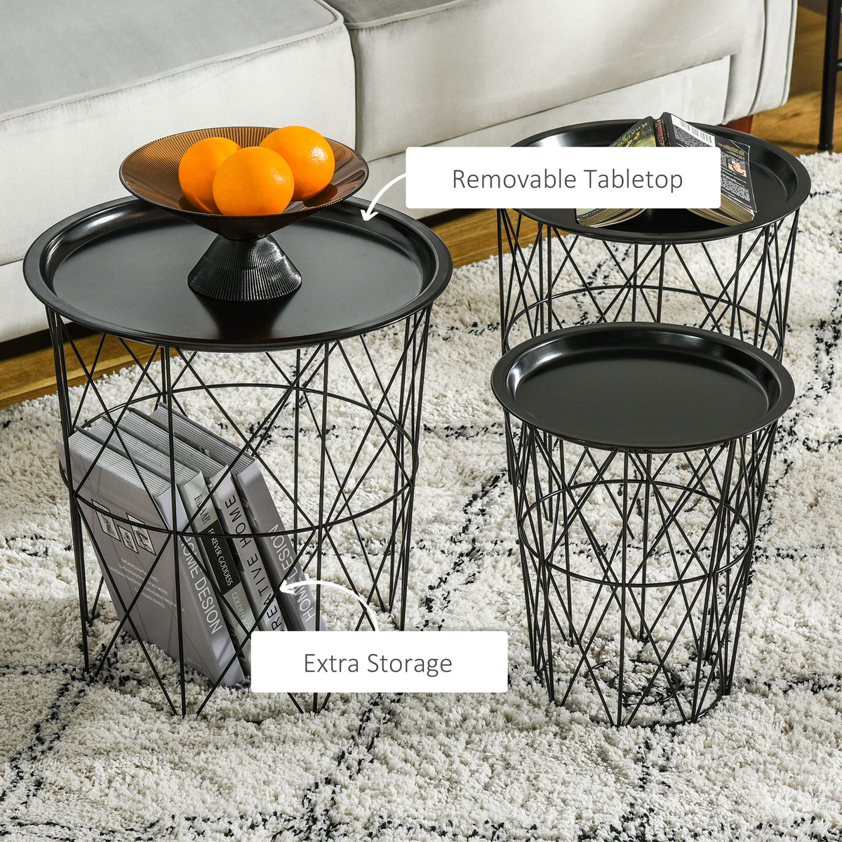 Round Nesting Coffee Tables Set of 3 with Basket Storage – Black