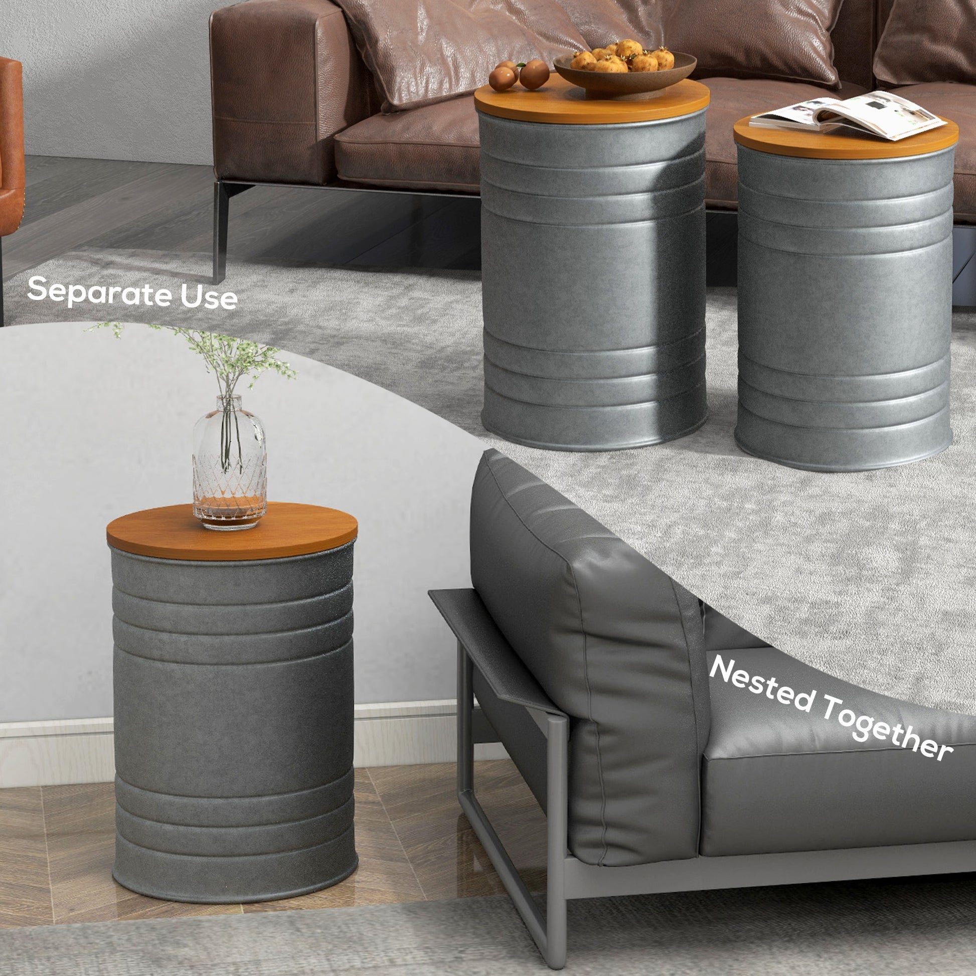 HOMCOM Round Nesting Side Tables, 2-Piece, Wood Lid, Hidden Storage