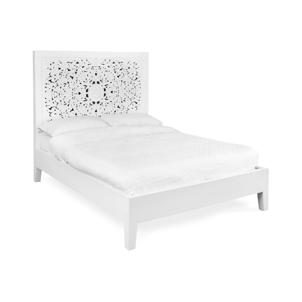 Carved Headboard Bed – White