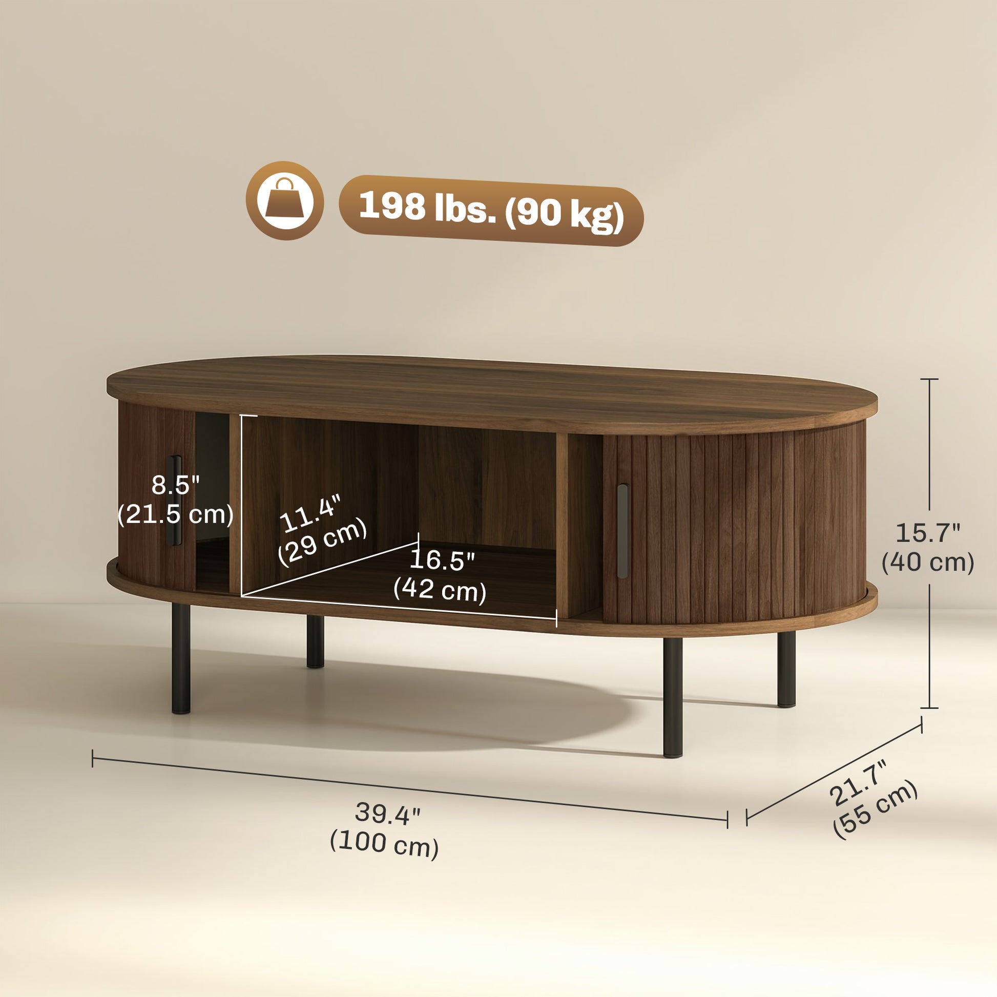 HOMCOM Coffee Table With Sliding Tambour Doors And Storage Center, 39" Brown