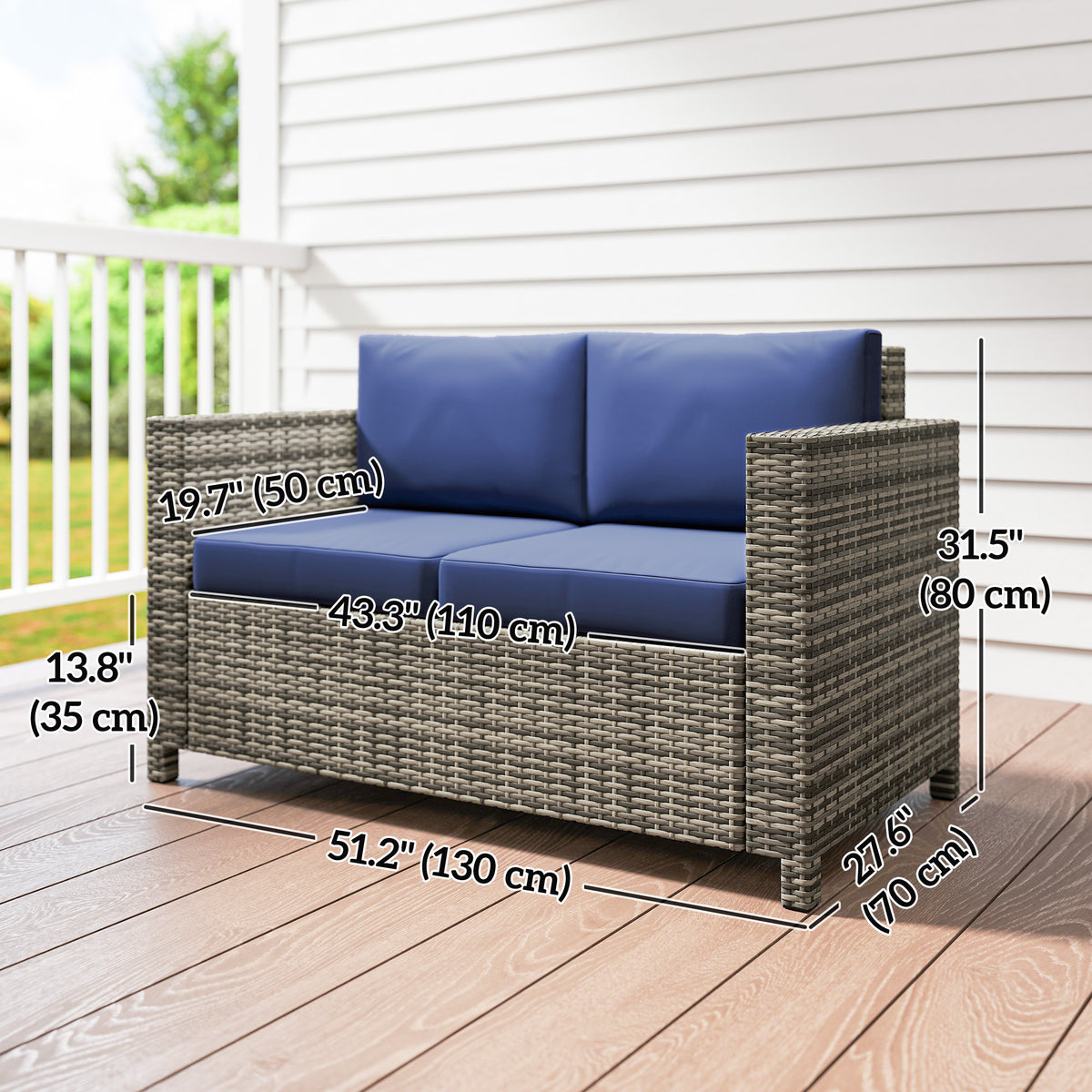 Wicker Outdoor Sofa, All Weather Patio Couch Loveseat with Cushions for Balcony, Deck, Garden, Poolside – Dark Blue
