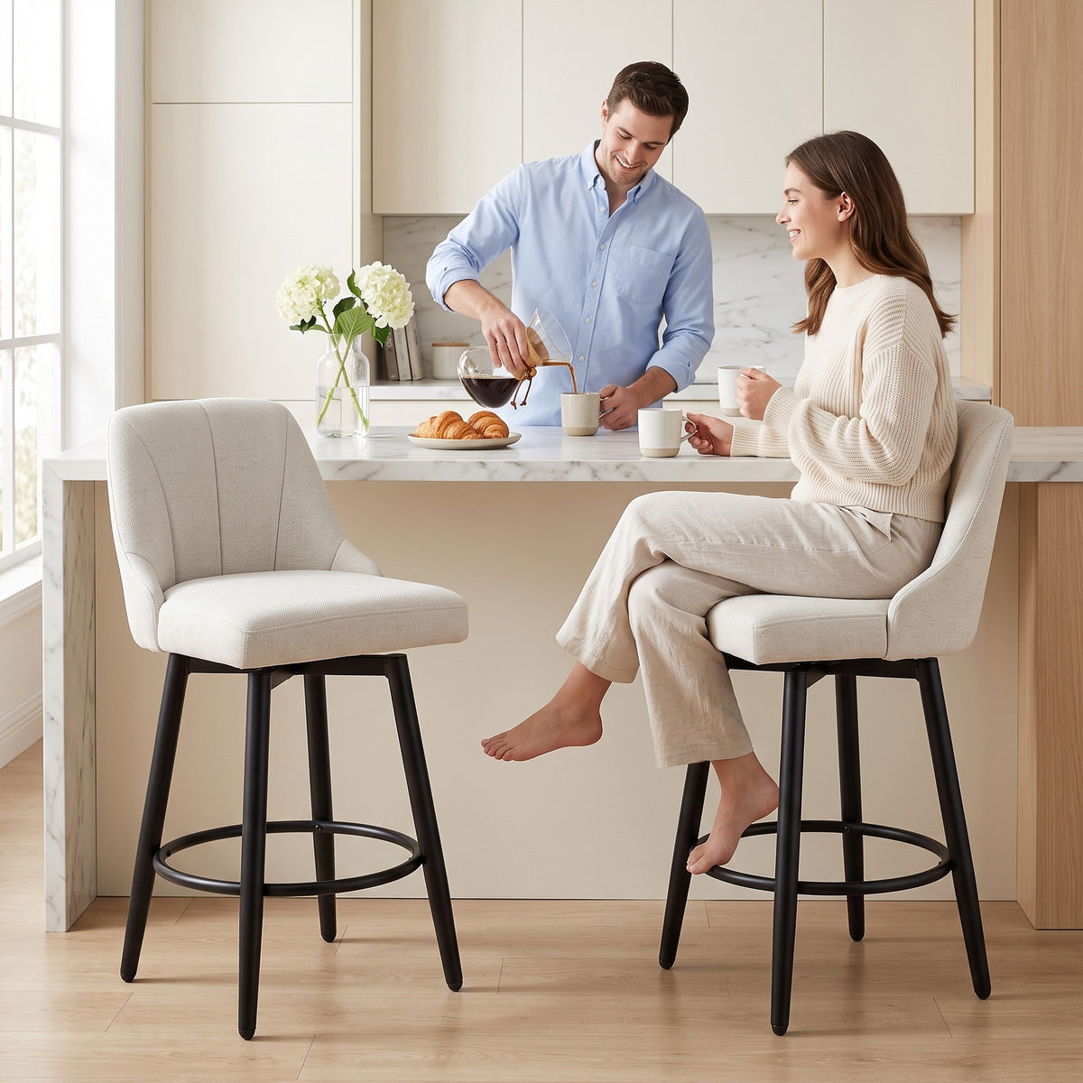 Quilted Faux Linen Swivel Counter Stools with Backrest, Set of 2