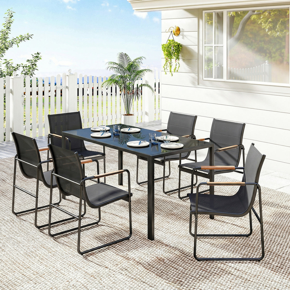 7 Pieces Outdoor Dining Set for 6, Glass Patio Table and Chairs with Decorative Armrests, All Weather Mesh