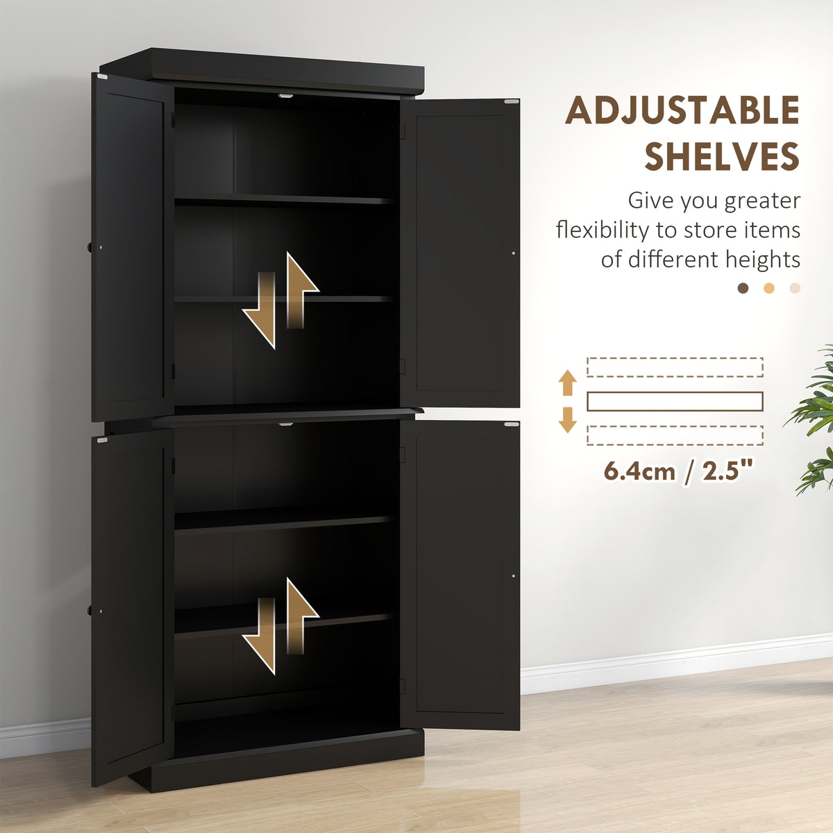 Freestanding Kitchen Pantry Cabinet with 4 Doors – 30"W x 73"H, Black