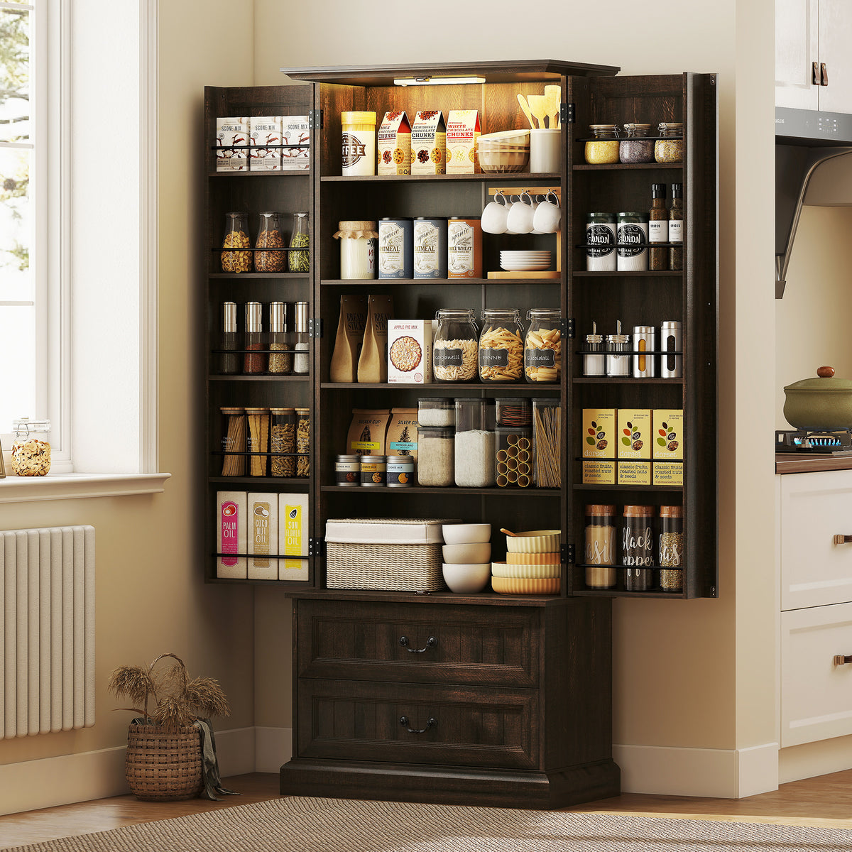 LED Kitchen Pantry Cabinet with 10 Door Shelves and 2 Drawers – 30"W x 72"H