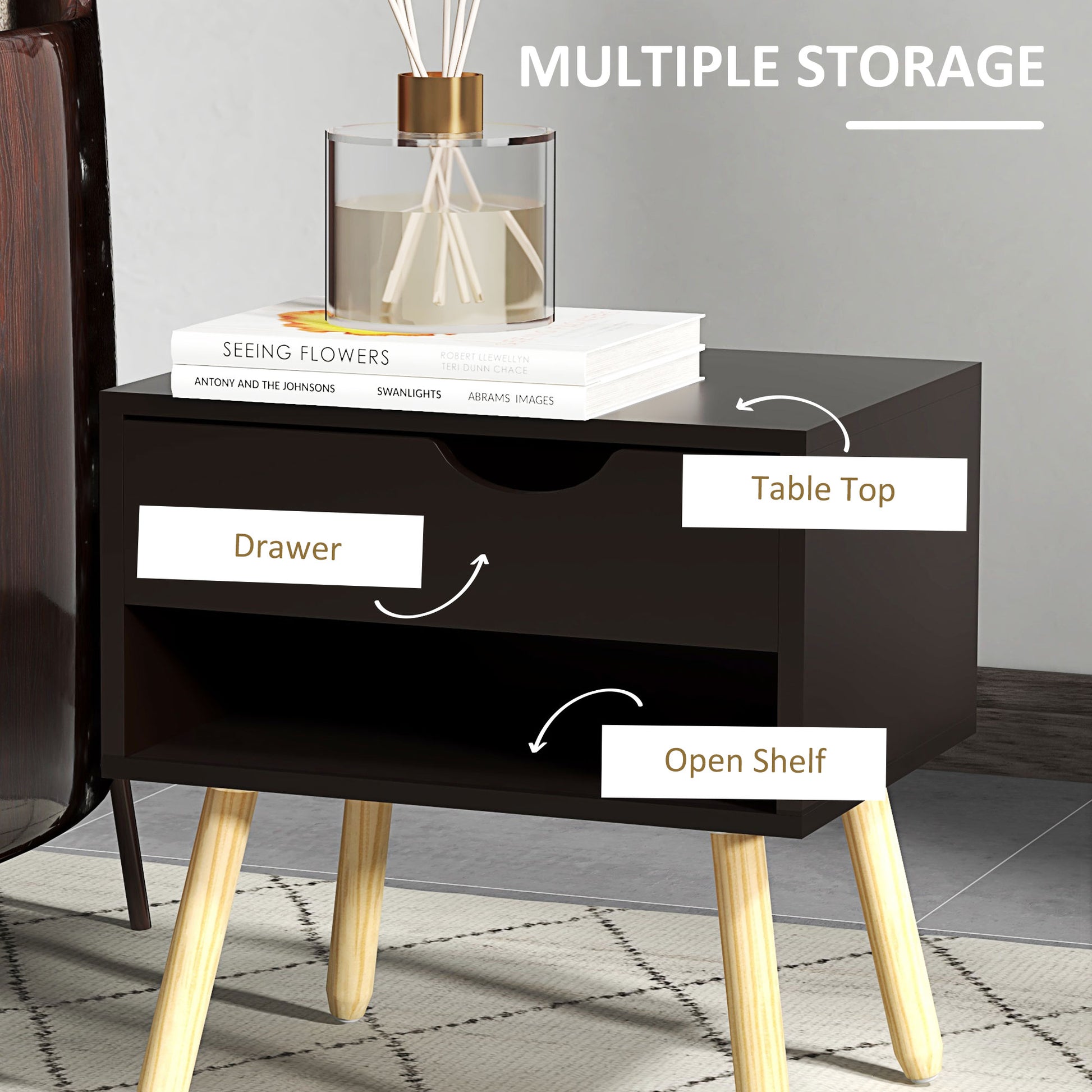 Set of 2 Modern Black Nightstands with Drawer, Shelf, Wooden Legs for Bedroom