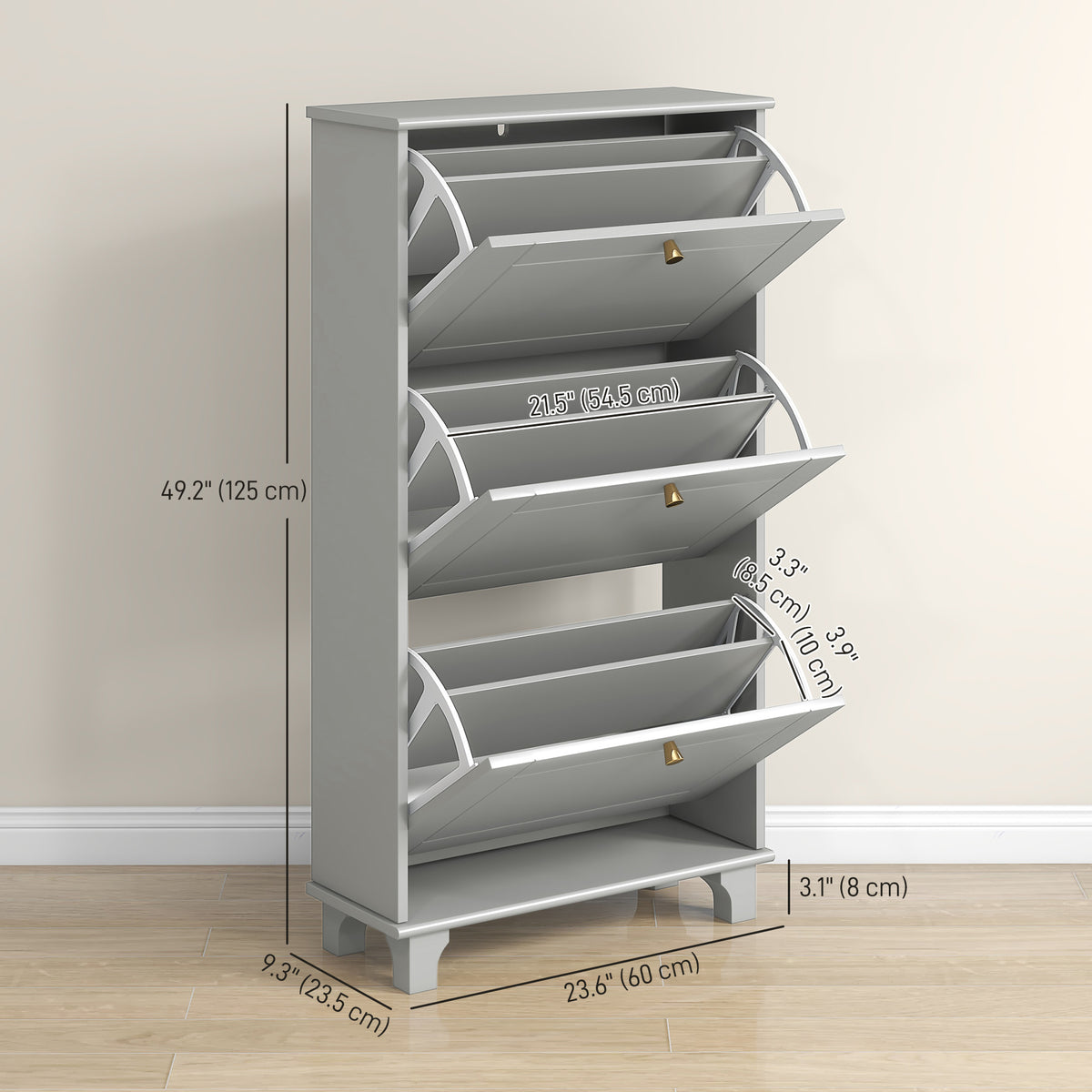 Narrow Shoe Storage with 3 Flip Drawers and Adjustable Shelves – 24"W x 49"H