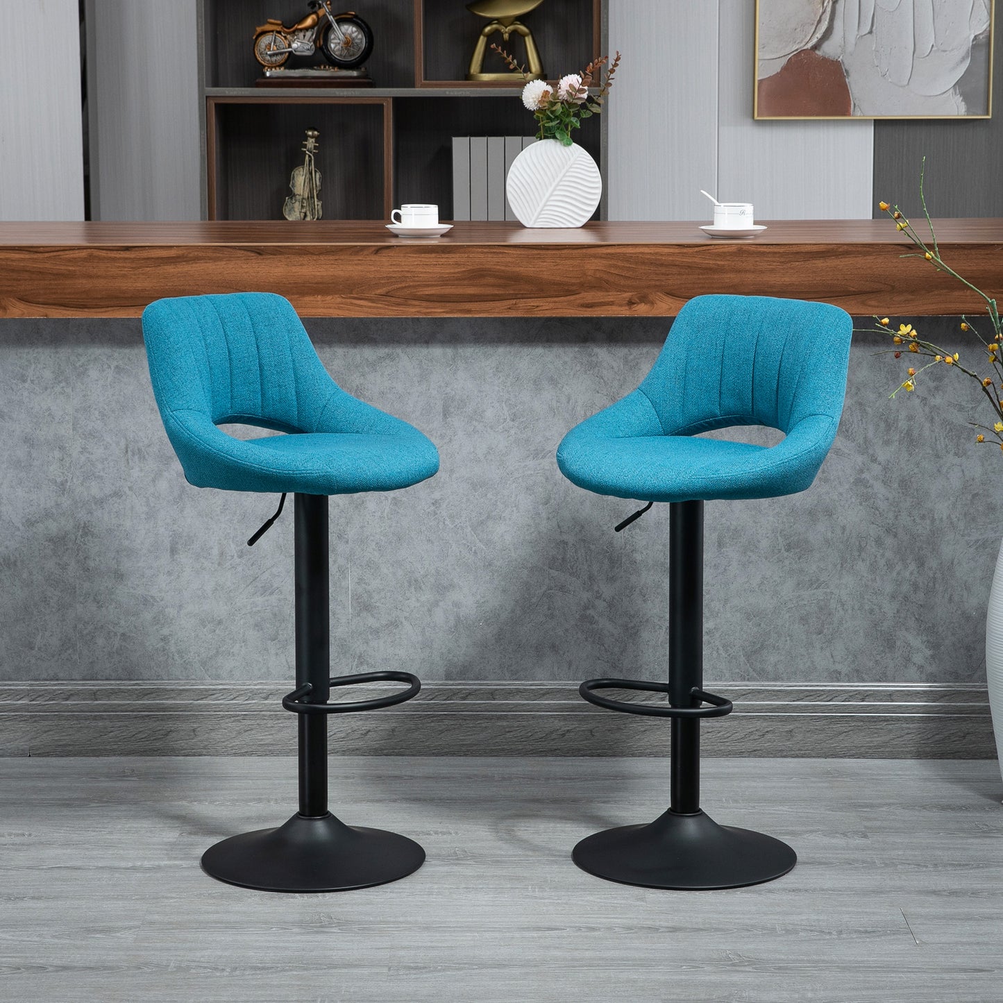 HOMCOM Set of 2 Swivel Blue Linen Adjustable Height Bar Stools
